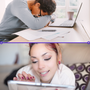 Two pictures where the first writer has her head on her desk worried about writing sex and the second writer is displaying joy.
