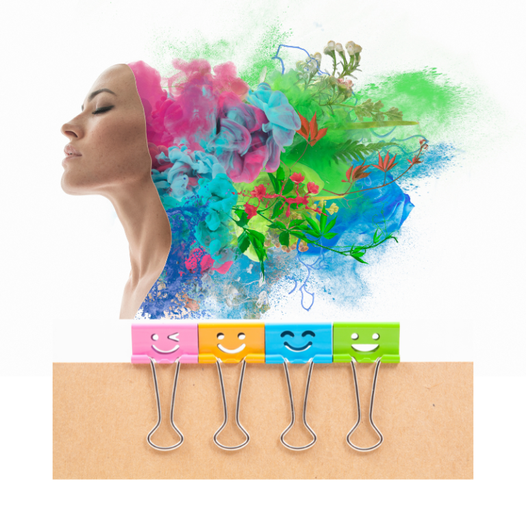 Emotions in color are dispersing from the brain to the air and fasteners are showing emotions